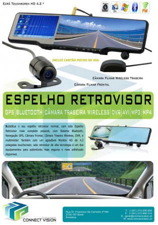 Espelho Retrovisor com GPS + Bluetooth + Câmara Frontal e Traseira + AVI + MP3